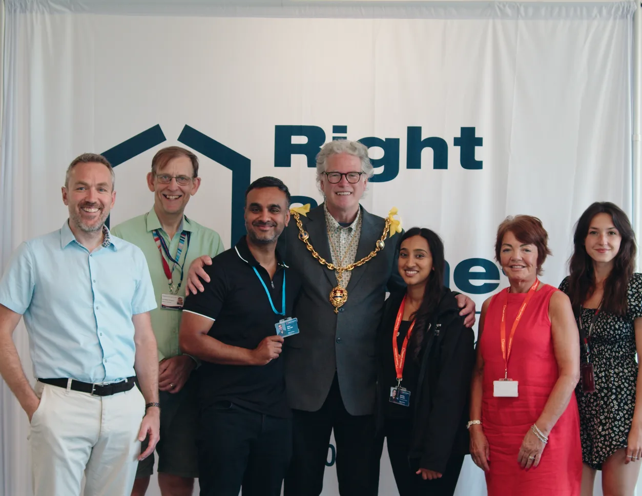 Mark Wilson, Cllr Stephen Thompson, Izhar Qureshi, the Mayor of Maidstone Cllr Brian Clark, Ayesha Qureshi, Lesley Kerr and Emine Uzunbaba at the opening of Right at Home Maidstone